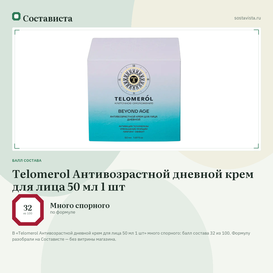 Telomerol Антивозрастной дневной крем для лица 50 мл 1 шт: балл состава 32 из 100 — Состависта