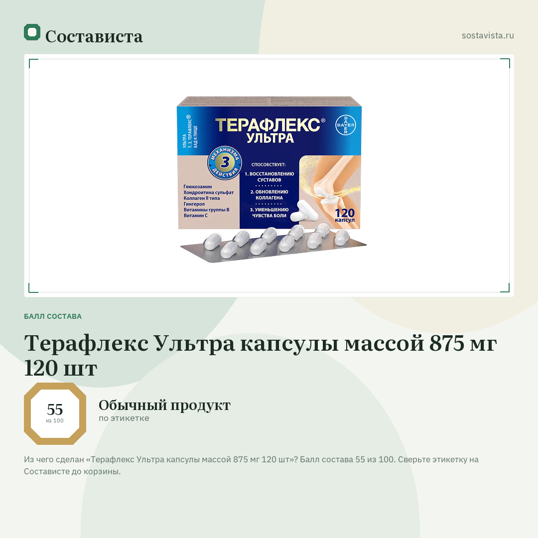 Терафлекс Ультра капсулы массой 875 мг 120 шт: балл состава 55 из 100 — Состависта