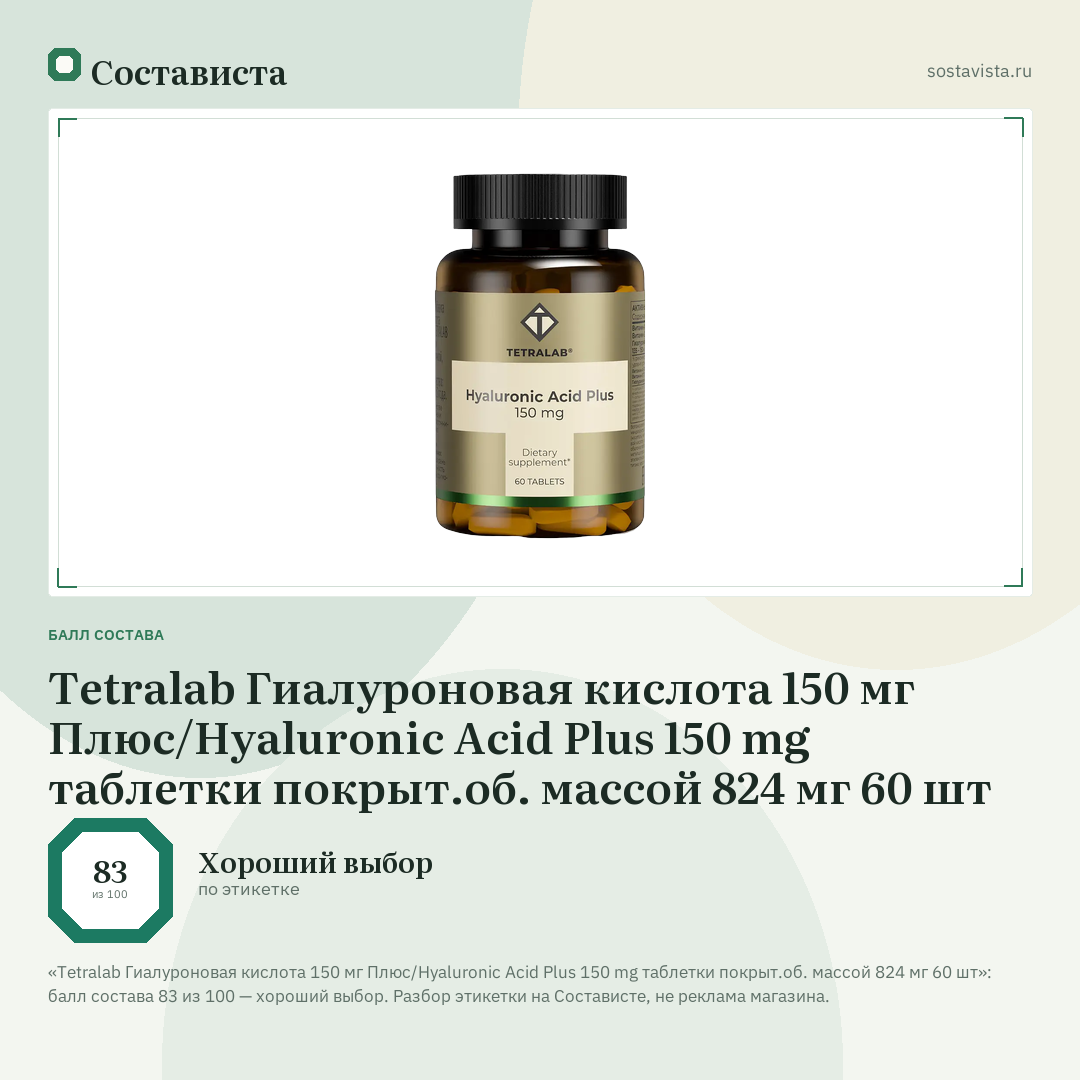 Tetralab Гиалуроновая кислота 150 мг Плюс/Hyaluronic Acid Plus 150 mg таблетки покрыт.об. массой 824 мг 60 шт: балл состава 83 из 100 — Состависта