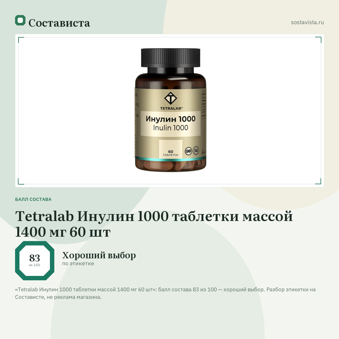 Tetralab Инулин 1000 таблетки массой 1400 мг 60 шт: балл состава 83 из 100 — Состависта