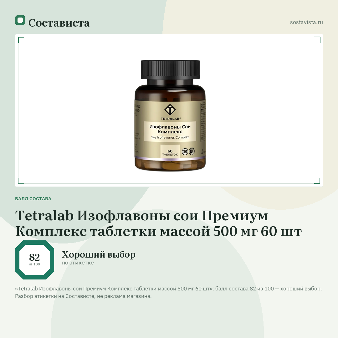 Tetralab Изофлавоны сои Премиум Комплекс таблетки массой 500 мг 60 шт: балл состава 82 из 100 — Состависта