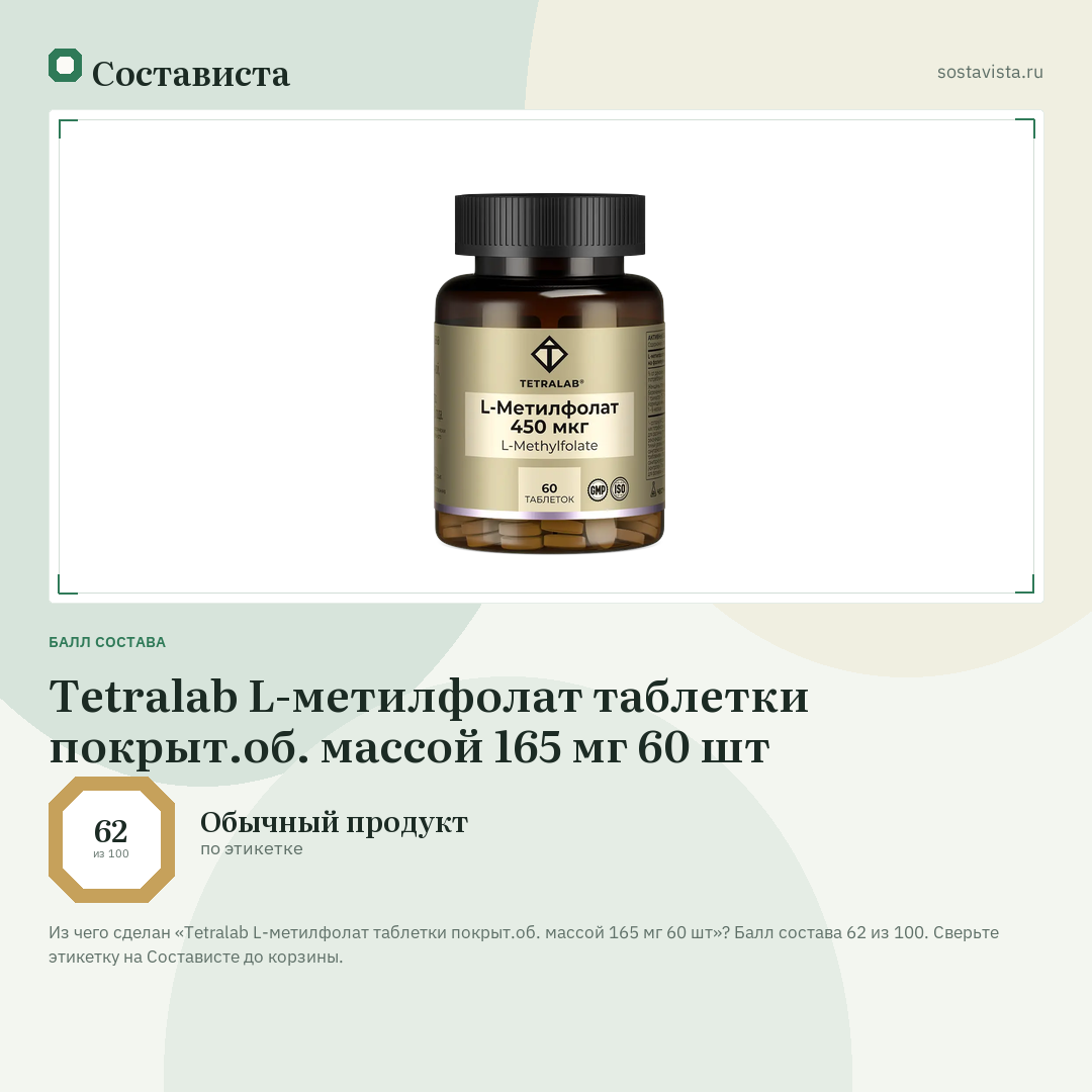 Tetralab L-метилфолат таблетки покрыт.об. массой 165 мг 60 шт: балл состава 62 из 100 — Состависта