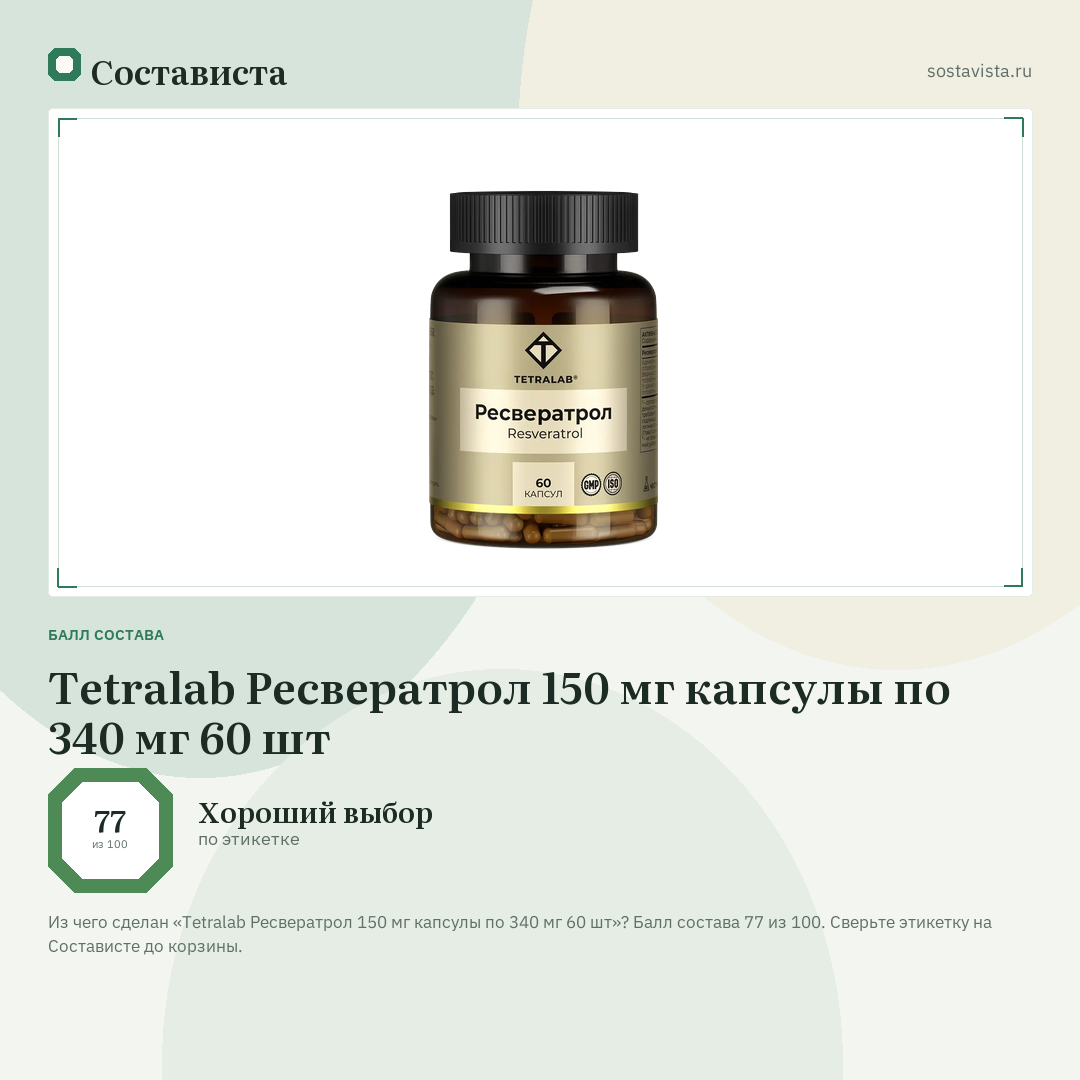 Tetralab Ресвератрол 150 мг капсулы по 340 мг 60 шт: балл состава 77 из 100 — Состависта