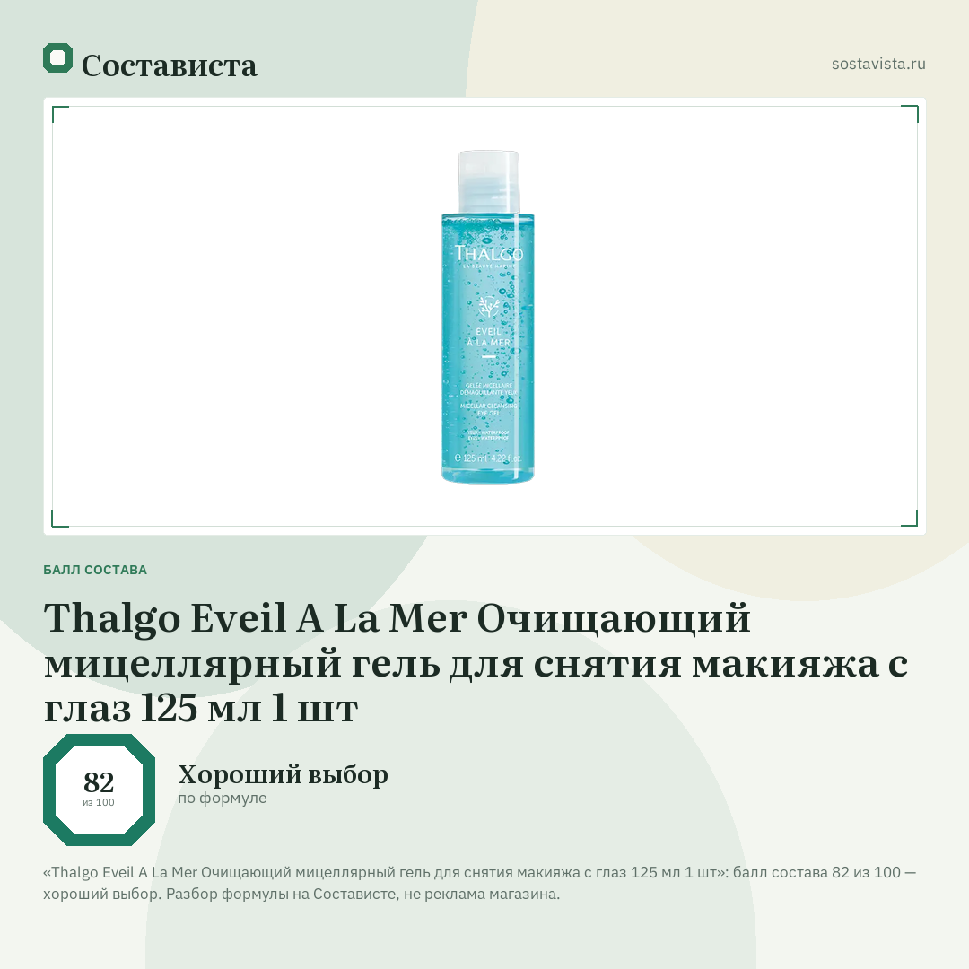 Thalgo Eveil A La Mer Очищающий мицеллярный гель для снятия макияжа с глаз 125 мл 1 шт: балл состава 82 из 100 — Состависта