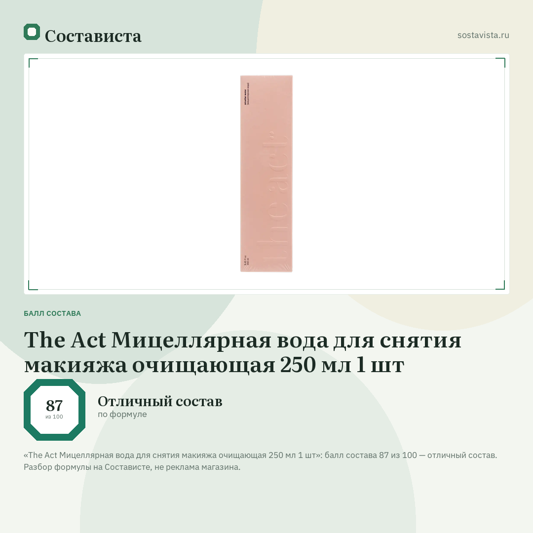 The Act Мицеллярная вода для снятия макияжа очищающая 250 мл 1 шт: балл состава 87 из 100 — Состависта