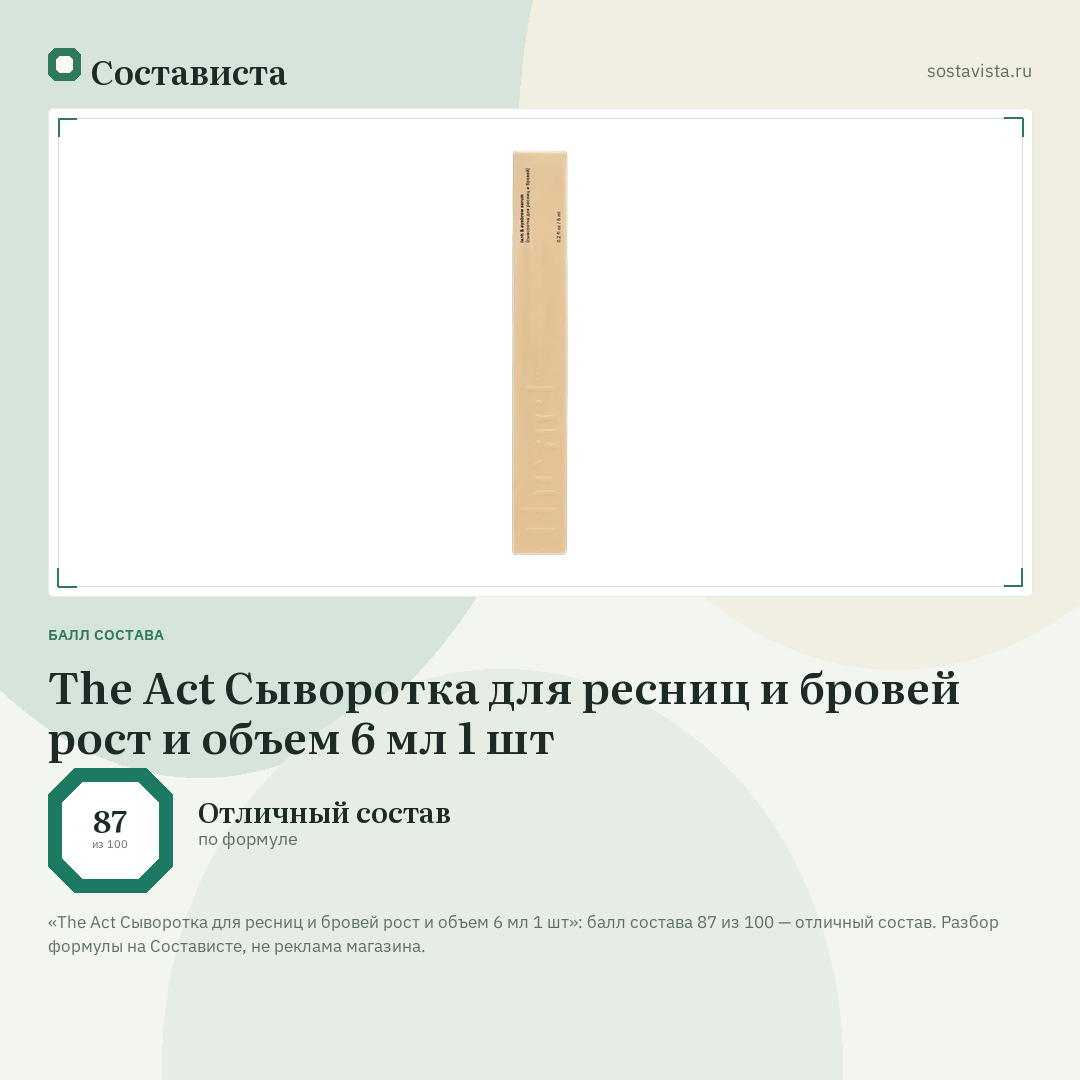 The Act Сыворотка для ресниц и бровей рост и объем 6 мл 1 шт: балл состава 87 из 100 — Состависта