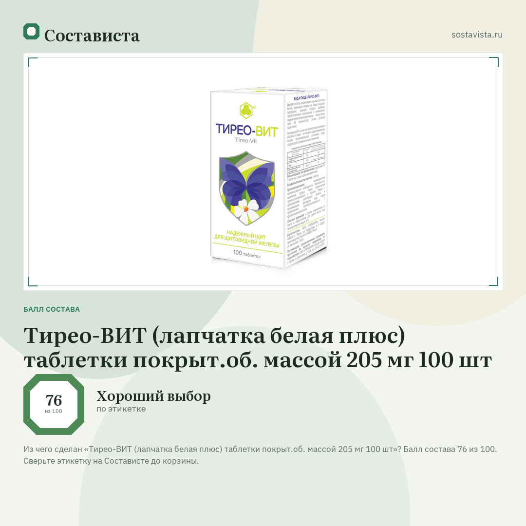 Тирео-ВИТ (лапчатка белая плюс) таблетки покрыт.об. массой 205 мг 100 шт: балл состава 76 из 100 — Состависта