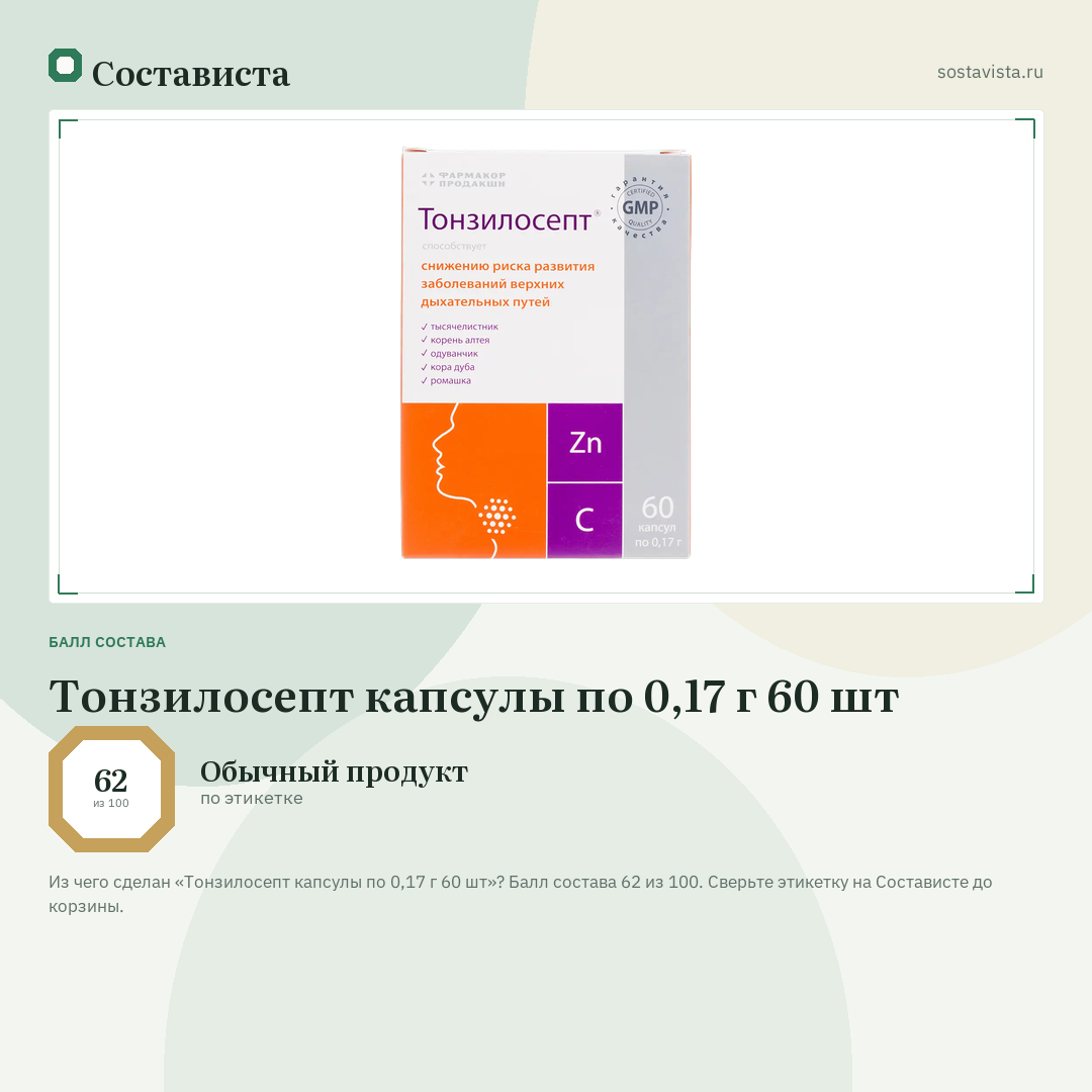 Тонзилосепт капсулы по 0,17 г 60 шт: балл состава 62 из 100 — Состависта