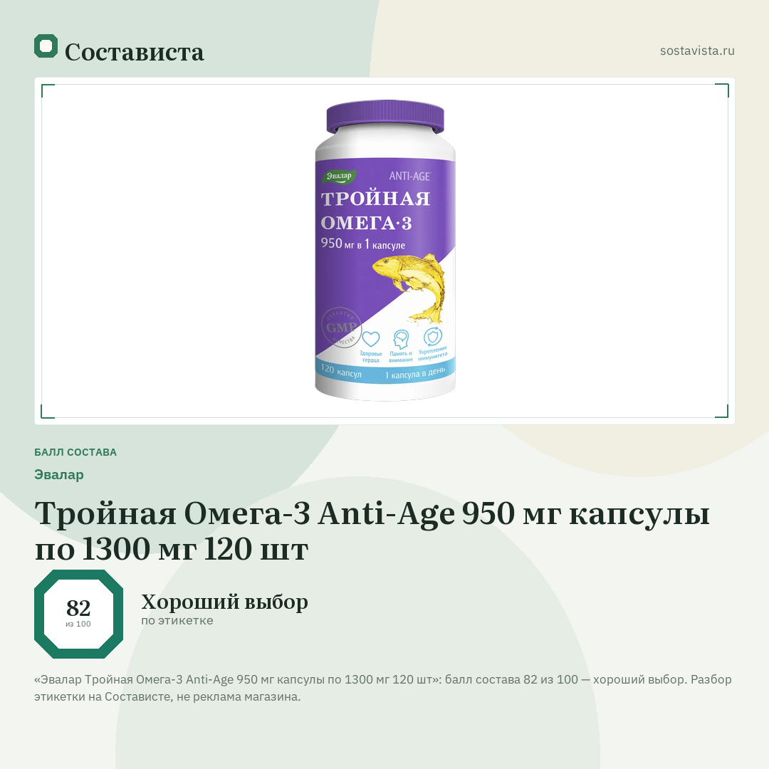 Эвалар Тройная Омега-3 Anti-Age 950 мг капсулы по 1300 мг 120 шт: балл состава 82 из 100 — Состависта