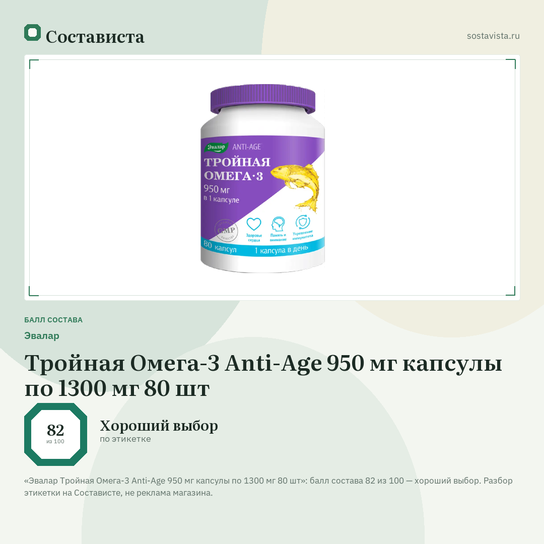 Эвалар Тройная Омега-3 Anti-Age 950 мг капсулы по 1300 мг 80 шт: балл состава 82 из 100 — Состависта