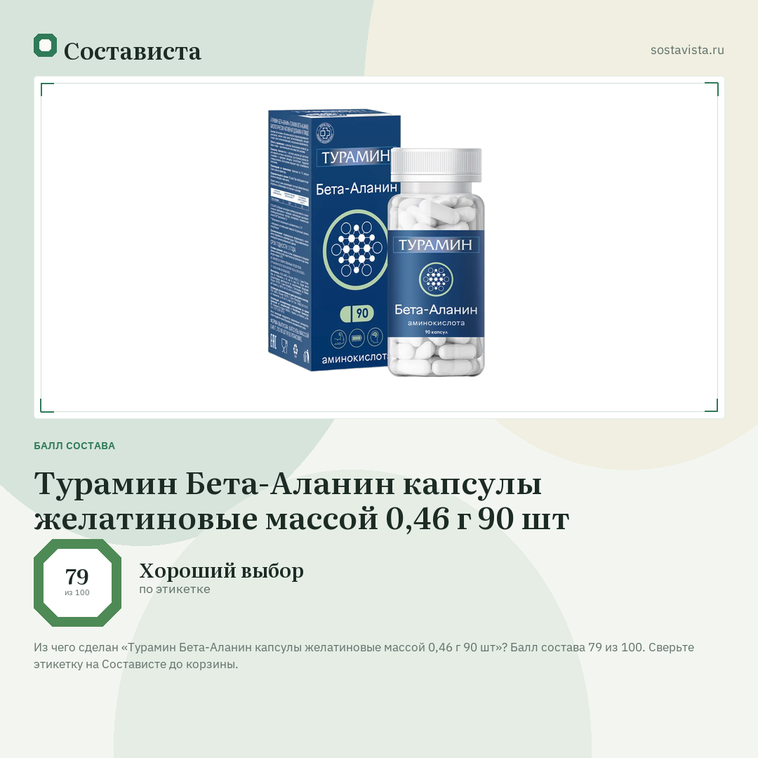 Турамин Бета-Аланин капсулы желатиновые массой 0,46 г 90 шт: балл состава 79 из 100 — Состависта