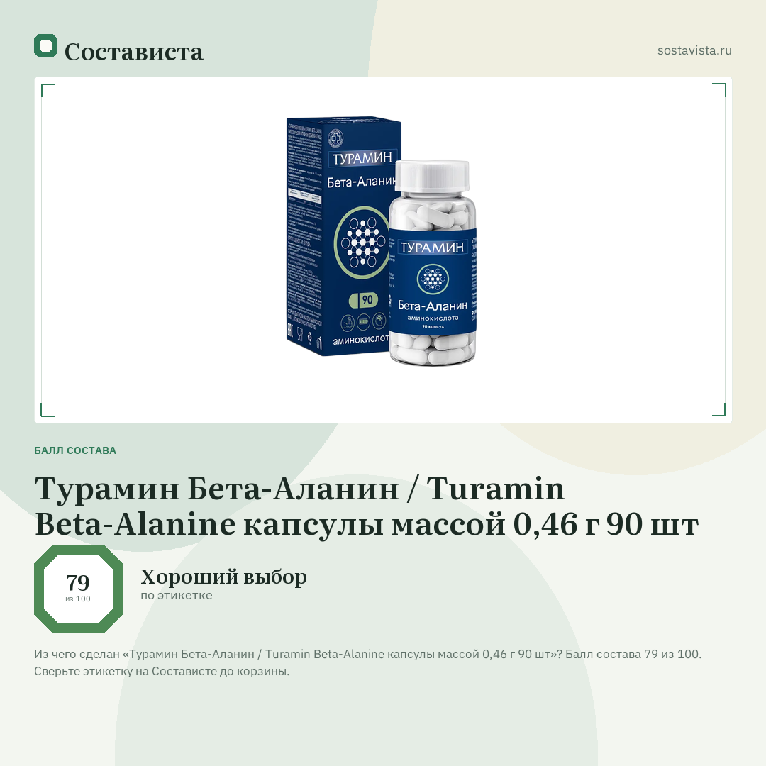 Турамин Бета-Аланин / Turamin Beta-Alanine капсулы массой 0,46 г 90 шт: балл состава 79 из 100 — Состависта
