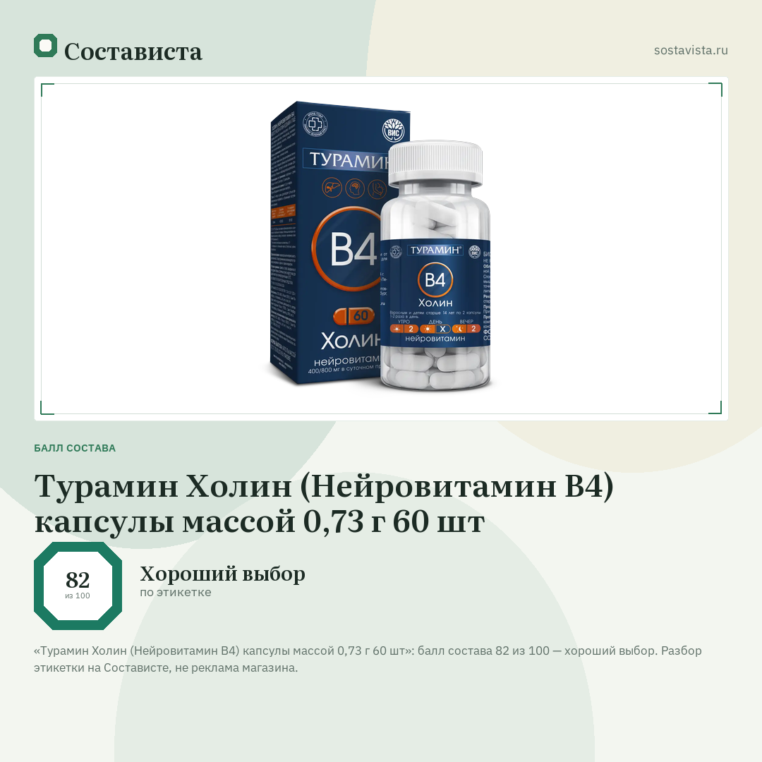Турамин Холин (Нейровитамин В4) капсулы массой 0,73 г 60 шт: балл состава 82 из 100 — Состависта