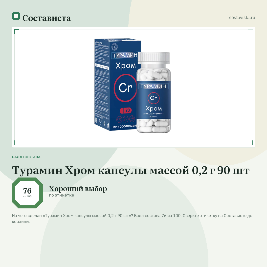 Турамин Хром капсулы массой 0,2 г 90 шт: балл состава 76 из 100 — Состависта