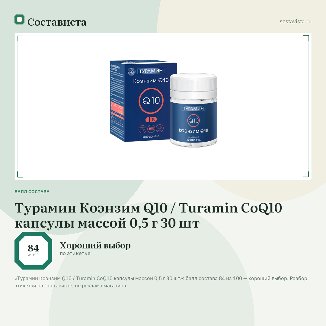 Турамин Коэнзим Q10 / Turamin CoQ10 капсулы массой 0,5 г 30 шт: балл состава 84 из 100 — Состависта