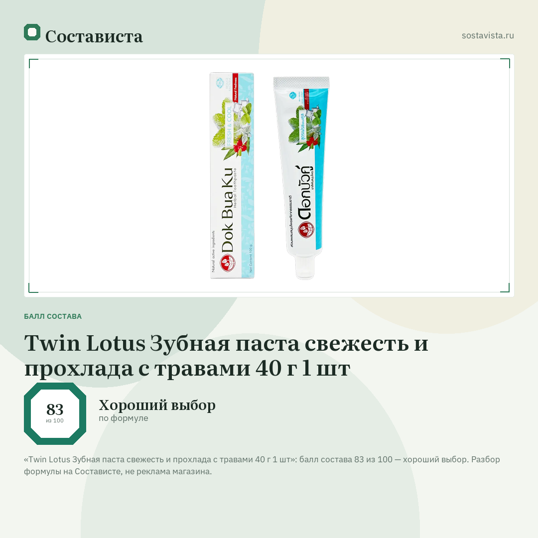 Twin Lotus Зубная паста свежесть и прохлада с травами 40 г 1 шт: балл состава 83 из 100 — Состависта
