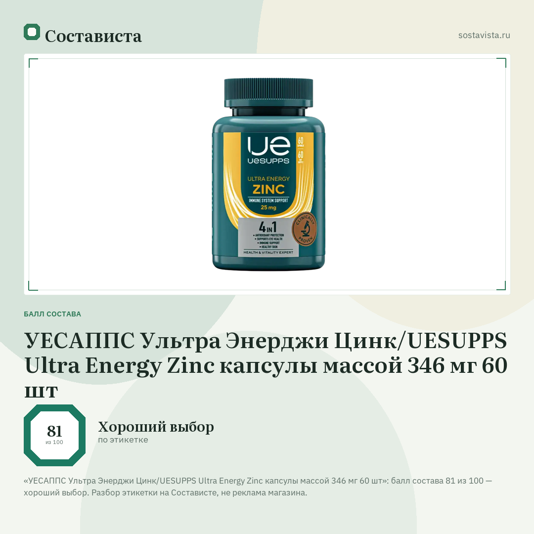 УЕСАППС Ультра Энерджи Цинк/UESUPPS Ultra Energy Zinc капсулы массой 346 мг 60 шт: балл состава 81 из 100 — Состависта