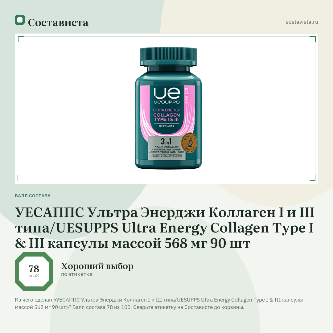 УЕСАППС Ультра Энерджи Коллаген I и III типа/UESUPPS Ultra Energy Collagen Type I & III капсулы массой 568 мг 90 шт: балл состава 78 из 100 — Состависта