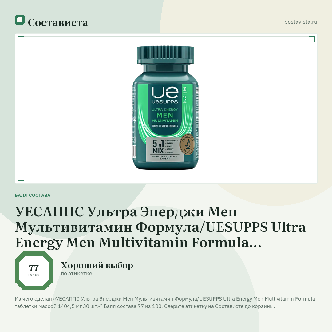 УЕСАППС Ультра Энерджи Мен Мультивитамин Формула/UESUPPS Ultra Energy Men Multivitamin Formula таблетки массой 1404,5 мг 30 шт: балл состава 77 из 100 — Состависта