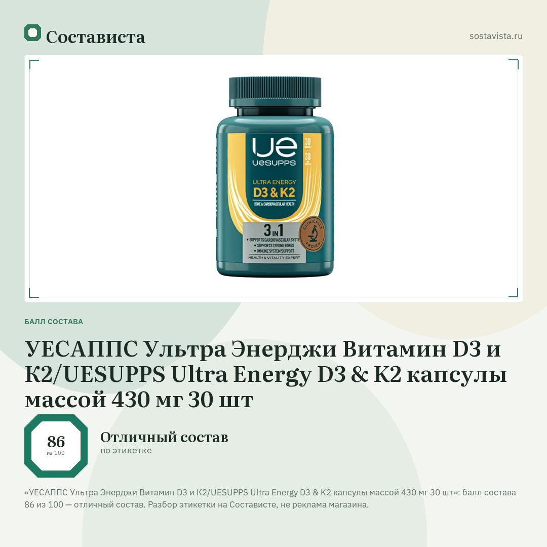 УЕСАППС Ультра Энерджи Витамин D3 и К2/UESUPPS Ultra Energy D3 & K2 капсулы массой 430 мг 30 шт: балл состава 86 из 100 — Состависта