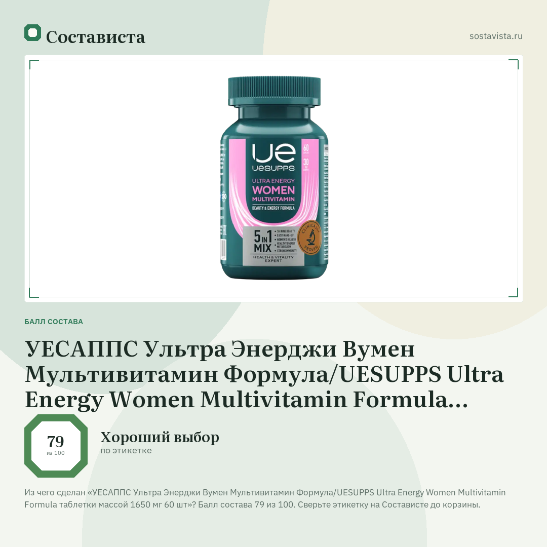 УЕСАППС Ультра Энерджи Вумен Мультивитамин Формула/UESUPPS Ultra Energy Women Multivitamin Formula таблетки массой 1650 мг 60 шт: балл состава 79 из 100 — Состависта