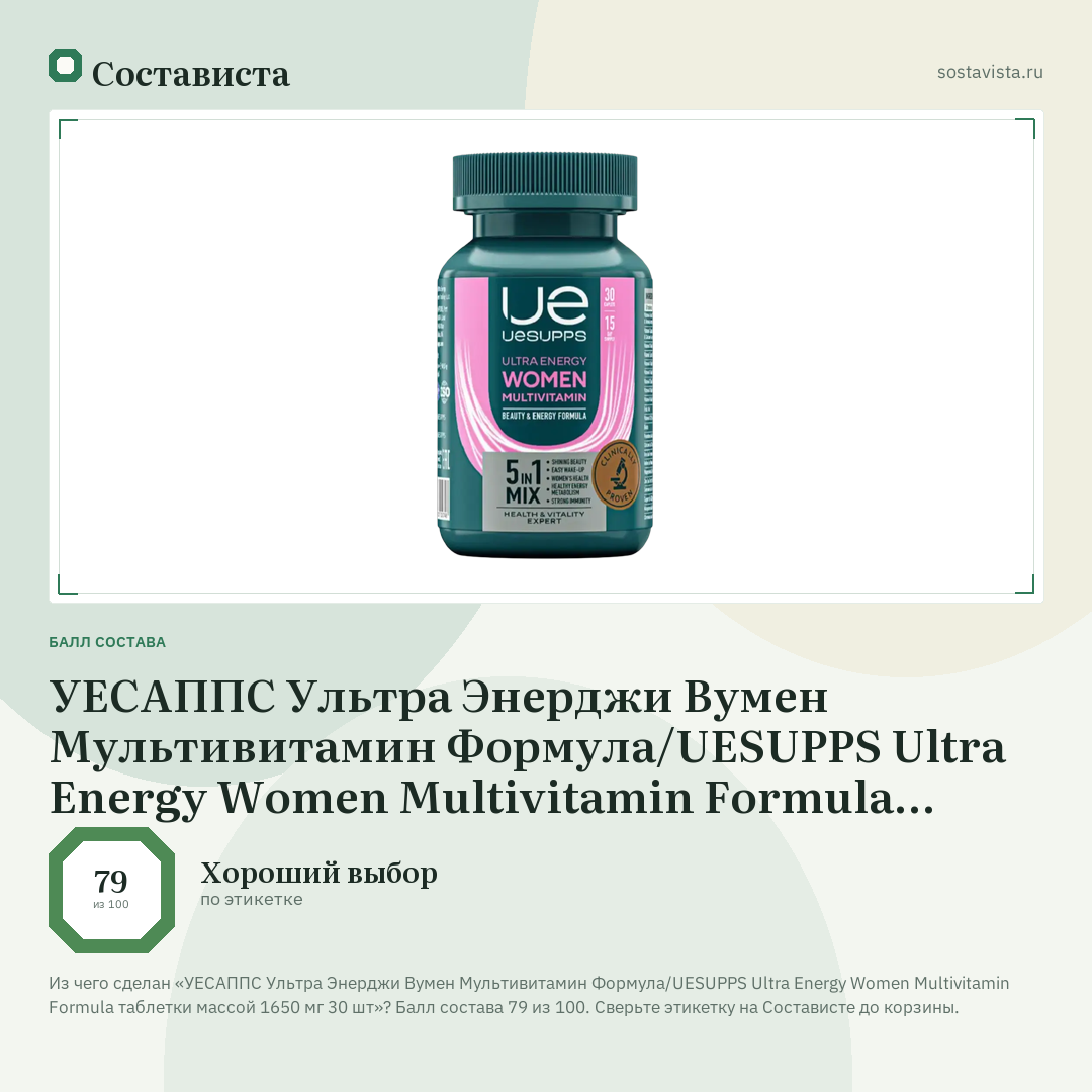 УЕСАППС Ультра Энерджи Вумен Мультивитамин Формула/UESUPPS Ultra Energy Women Multivitamin Formula таблетки массой 1650 мг 30 шт: балл состава 79 из 100 — Состависта