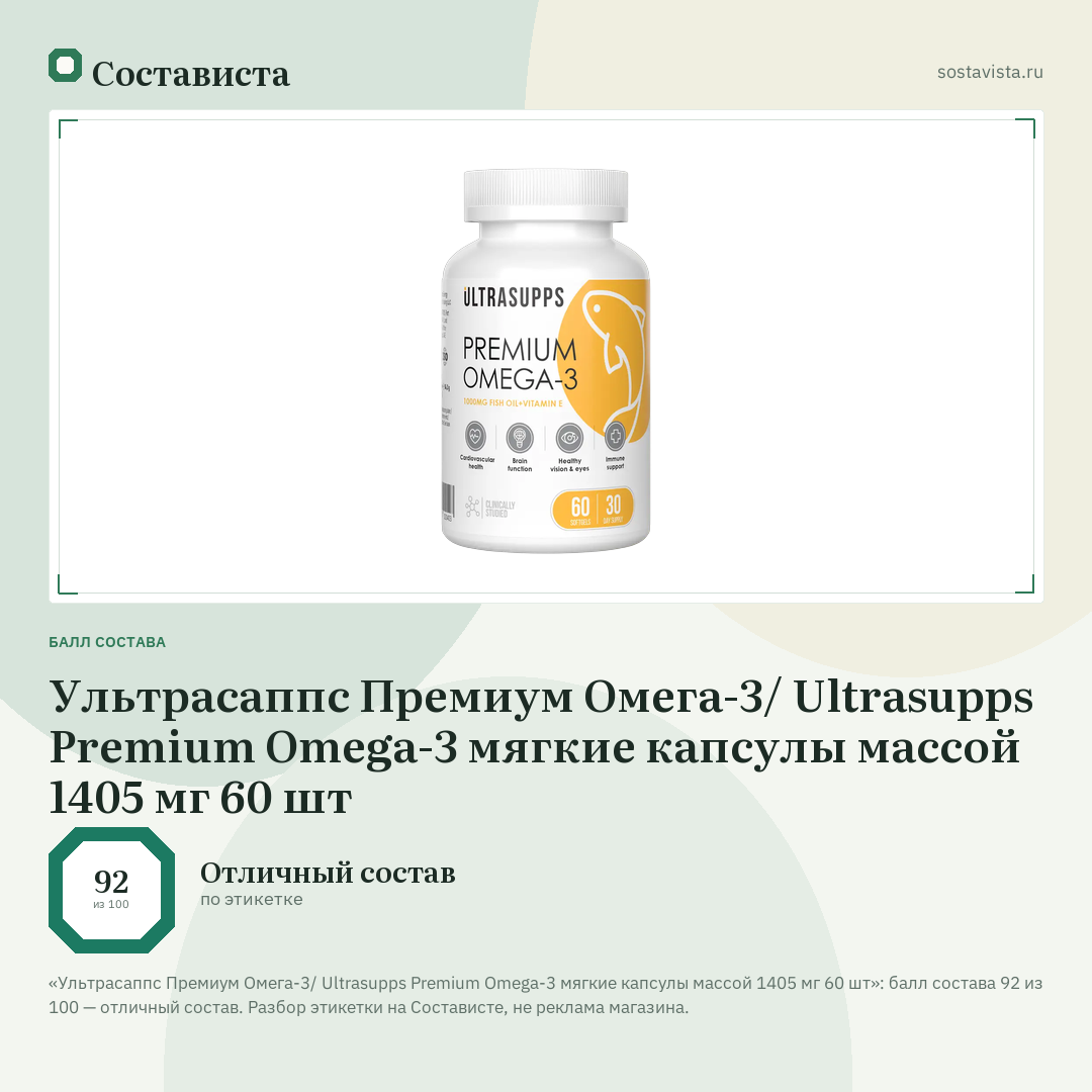 Ультрасаппс Премиум Омега-3/ Ultrasupps Premium Omega-3 мягкие капсулы массой 1405 мг 60 шт: балл состава 92 из 100 — Состависта