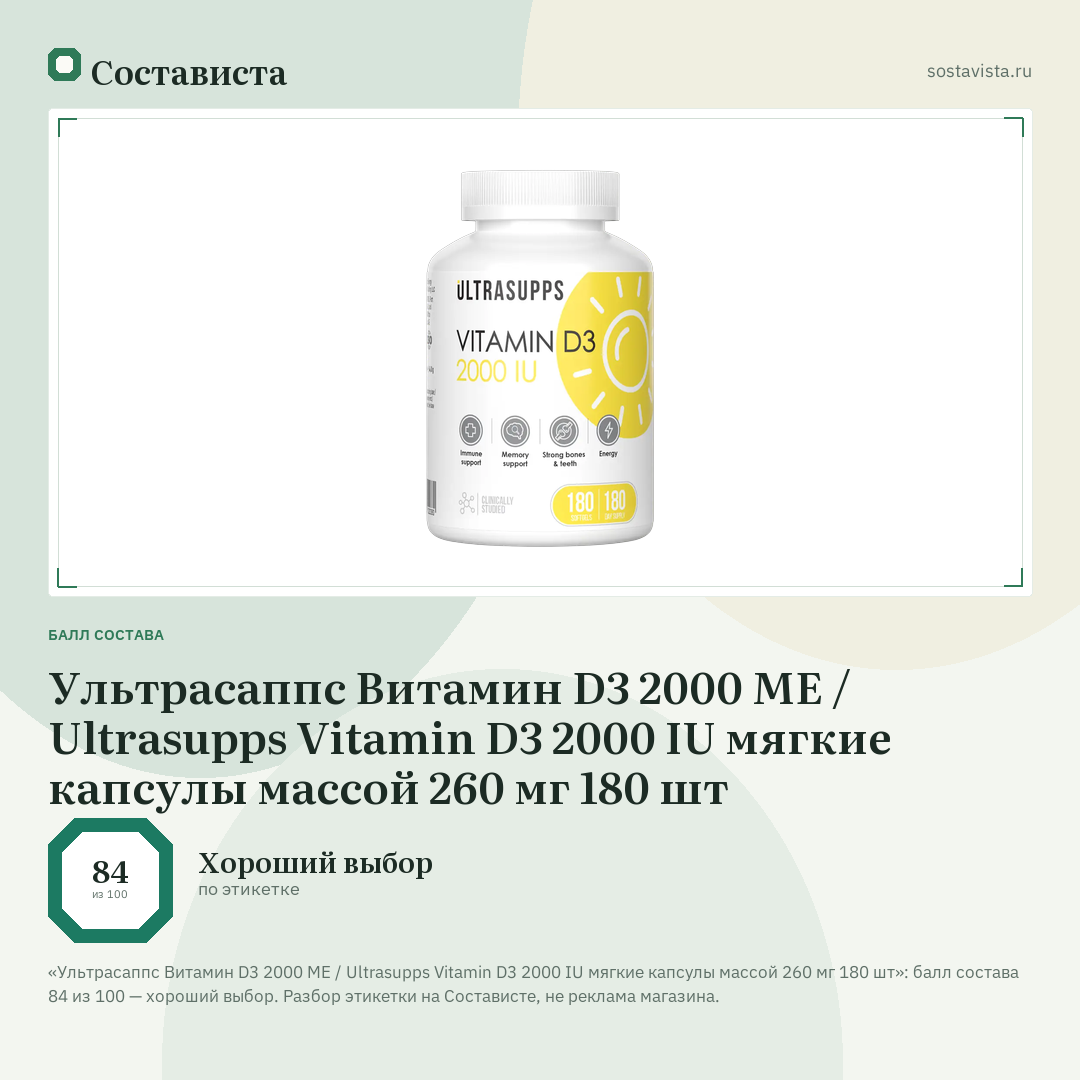 Ультрасаппс Витамин D3 2000 МЕ / Ultrasupps Vitamin D3 2000 IU мягкие капсулы массой 260 мг 180 шт: балл состава 84 из 100 — Состависта