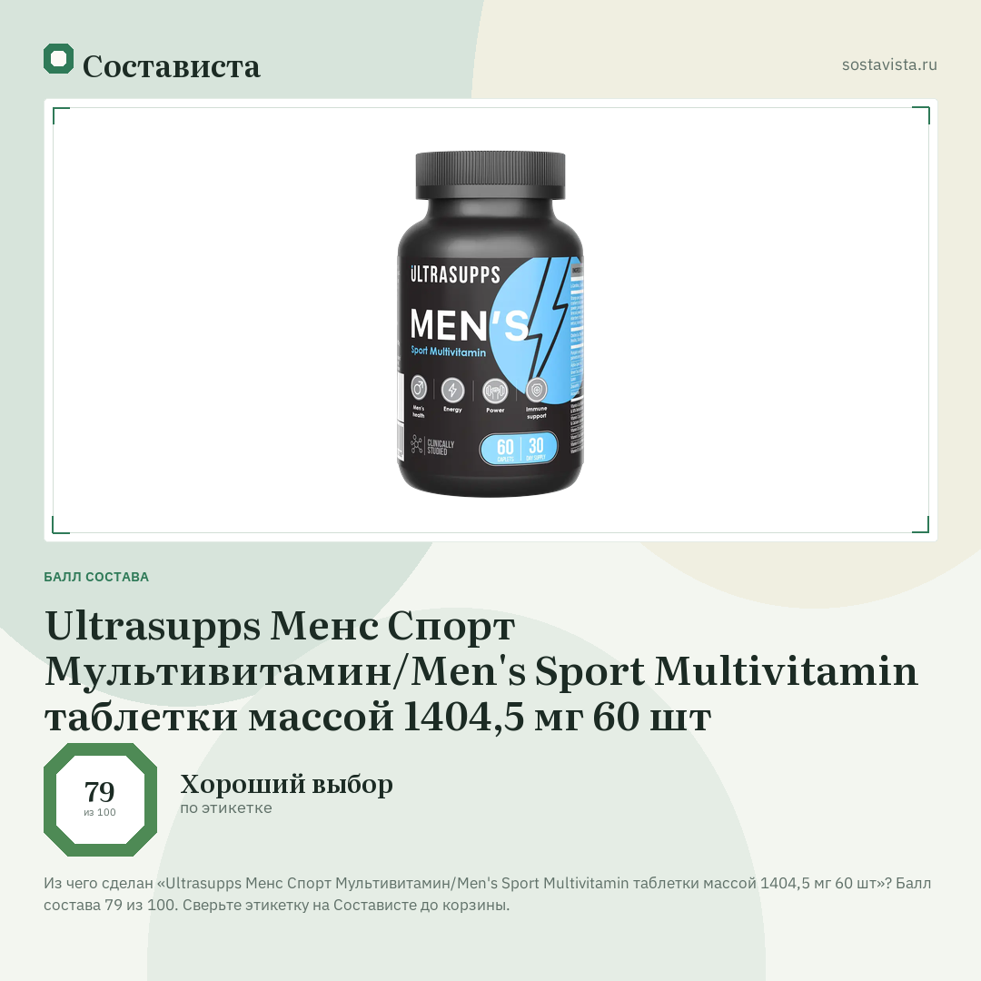 Ultrasupps Менс Спорт Мультивитамин/Men's Sport Multivitamin таблетки массой 1404,5 мг 60 шт: балл состава 79 из 100 — Состависта