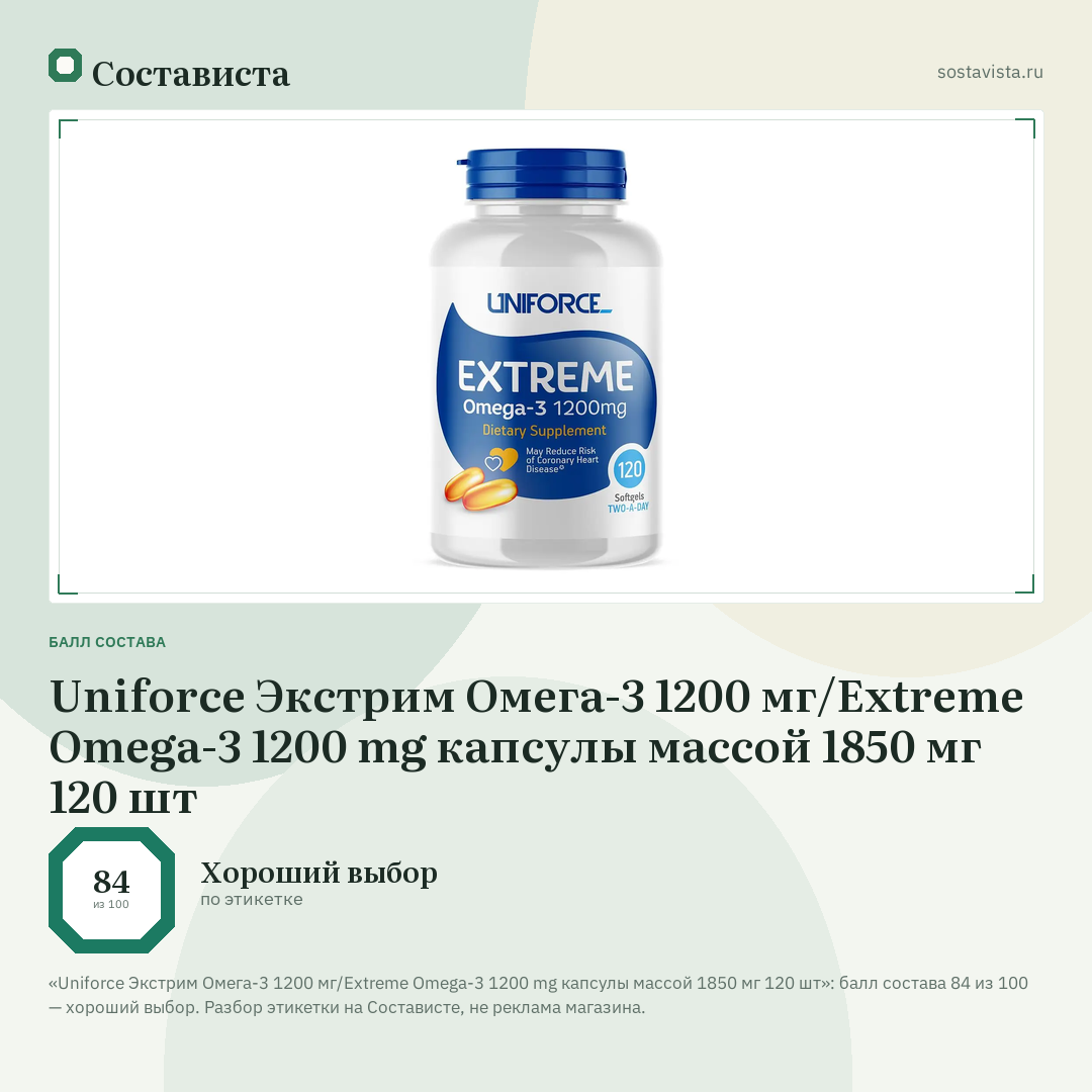 Uniforce Экстрим Омега-3 1200 мг/Extreme Omega-3 1200 mg капсулы массой 1850 мг 120 шт: балл состава 84 из 100 — Состависта