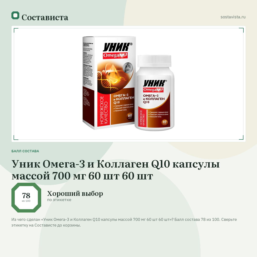 Уник Омега-3 и Коллаген Q10 капсулы массой 700 мг 60 шт 60 шт: балл состава 78 из 100 — Состависта