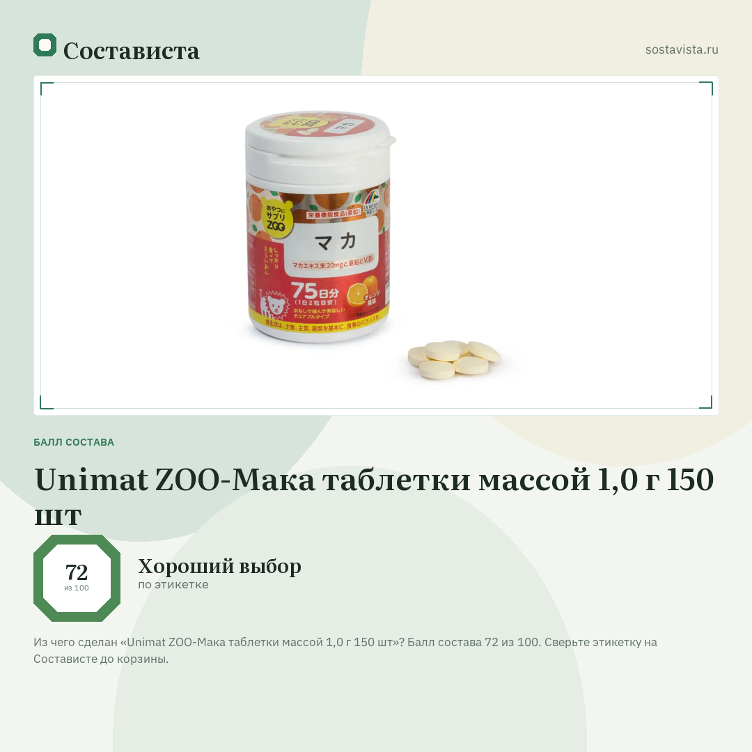 Unimat ZOO-Мака таблетки массой 1,0 г 150 шт: балл состава 72 из 100 — Состависта