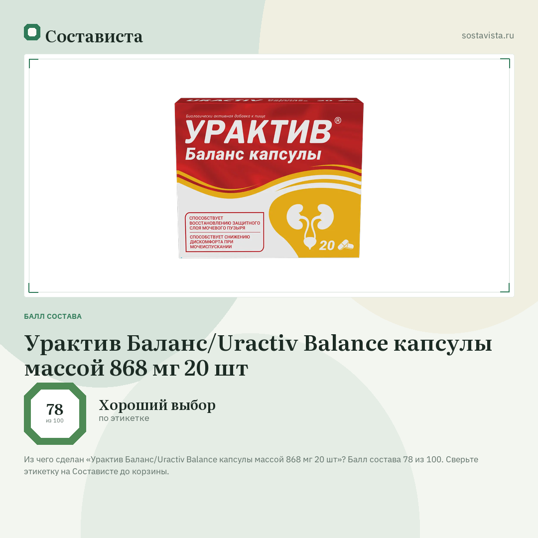 Урактив Баланс/Uractiv Balance капсулы массой 868 мг 20 шт: балл состава 78 из 100 — Состависта