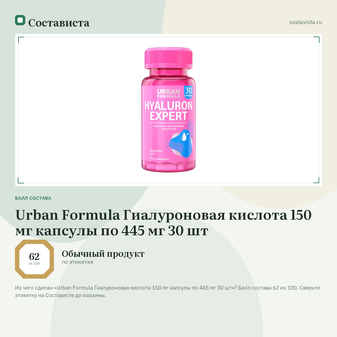 Urban Formula Гиалуроновая кислота 150 мг капсулы по 445 мг 30 шт: балл состава 62 из 100 — Состависта