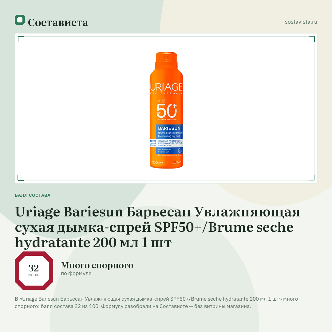Uriage Bariesun Барьесан Увлажняющая сухая дымка-спрей SPF50+/Brume seche hydratante 200 мл 1 шт: балл состава 32 из 100 — Состависта