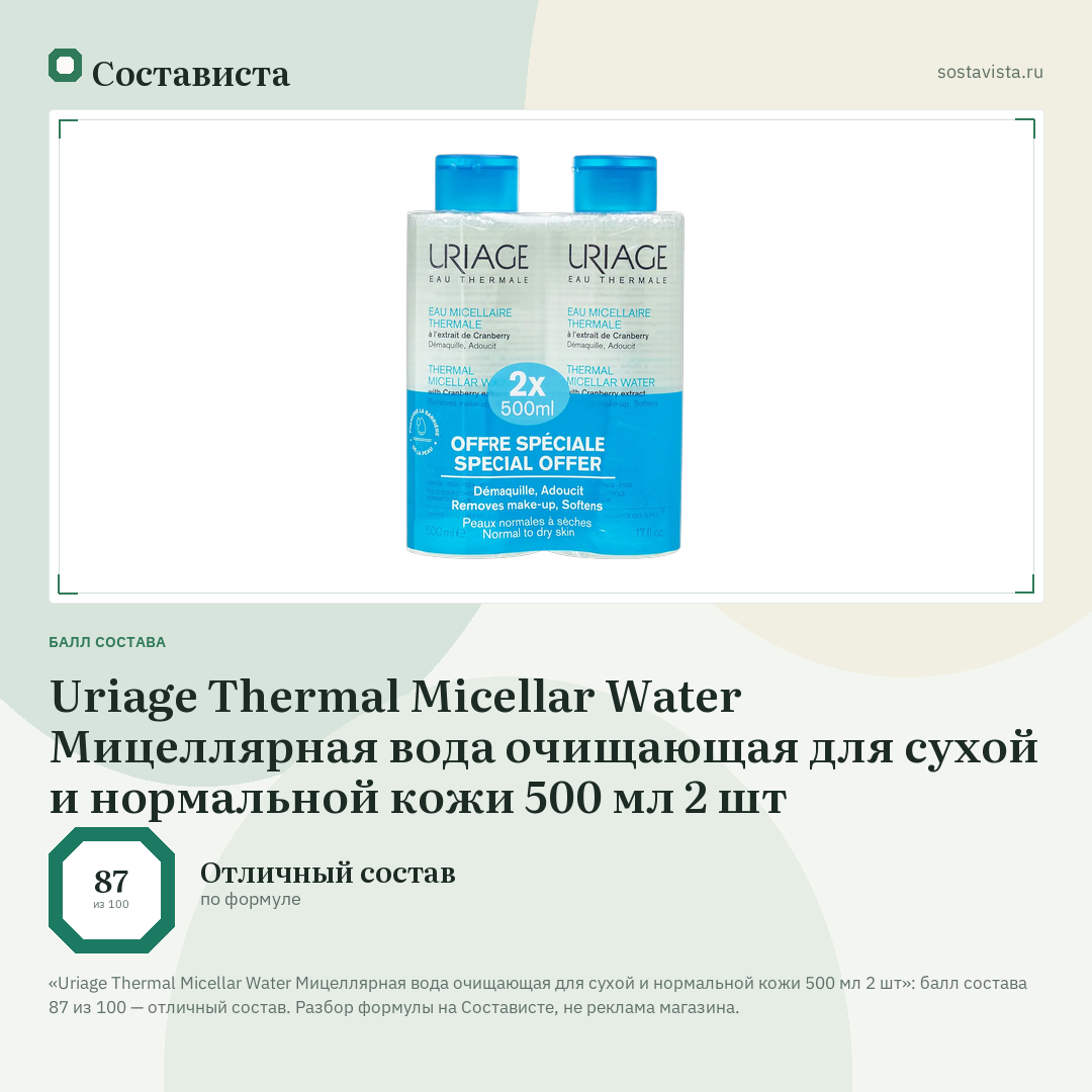 Uriage Thermal Micellar Water Мицеллярная вода очищающая для сухой и нормальной кожи 500 мл 2 шт: балл состава 87 из 100 — Состависта