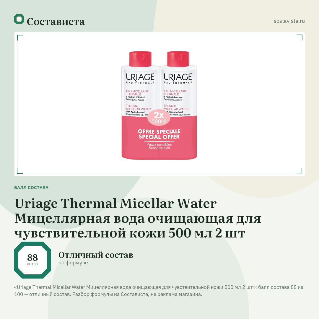 Uriage Thermal Micellar Water Мицеллярная вода очищающая для чувствительной кожи 500 мл 2 шт: балл состава 88 из 100 — Состависта
