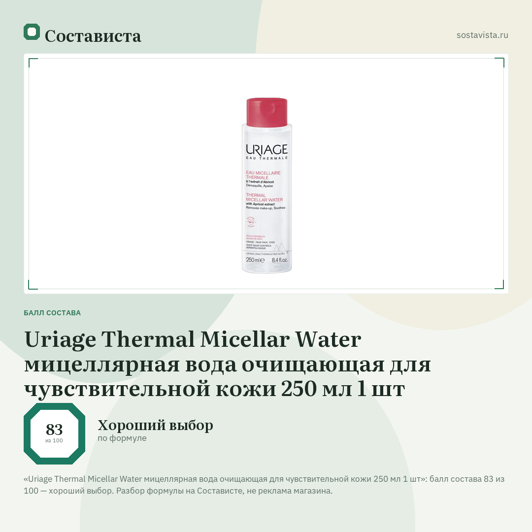 Uriage Thermal Micellar Water мицеллярная вода очищающая для чувствительной кожи 250 мл 1 шт: балл состава 83 из 100 — Состависта