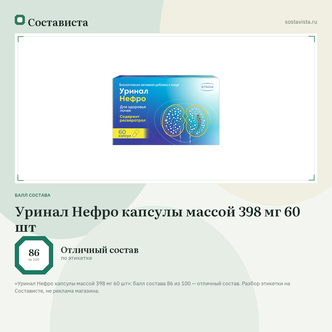 Уринал Нефро капсулы массой 398 мг 60 шт: балл состава 86 из 100 — Состависта