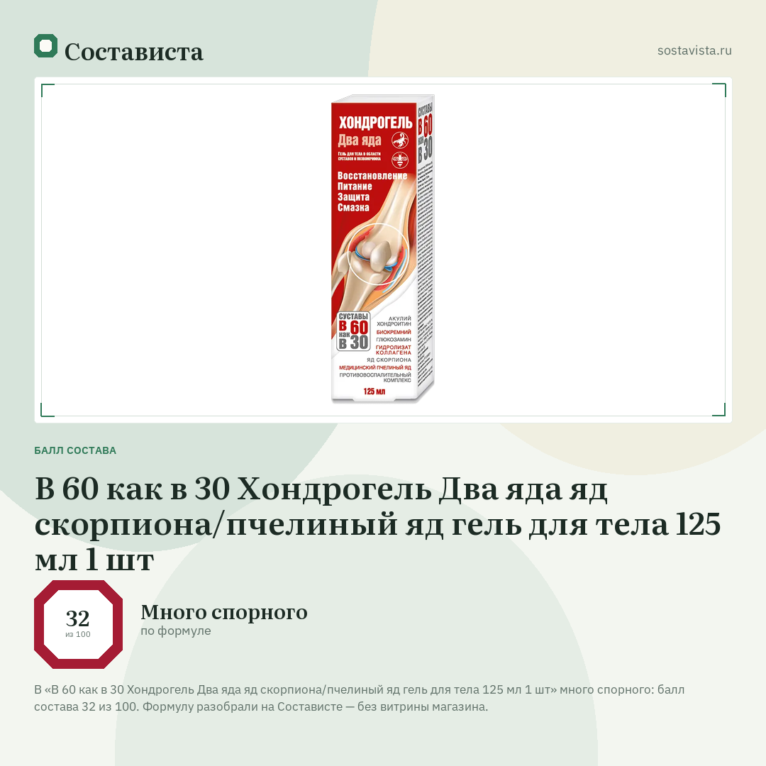 В 60 как в 30 Хондрогель Два яда яд скорпиона/пчелиный яд гель для тела 125 мл 1 шт: балл состава 32 из 100 — Состависта