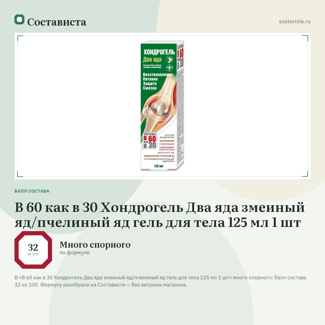В 60 как в 30 Хондрогель Два яда змеиный яд/пчелиный яд гель для тела 125 мл 1 шт: балл состава 32 из 100 — Состависта