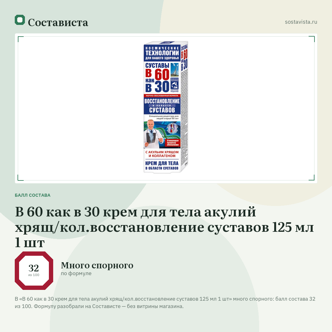 В 60 как в 30 крем для тела акулий хрящ/кол.восстановление суставов 125 мл 1 шт: балл состава 32 из 100 — Состависта