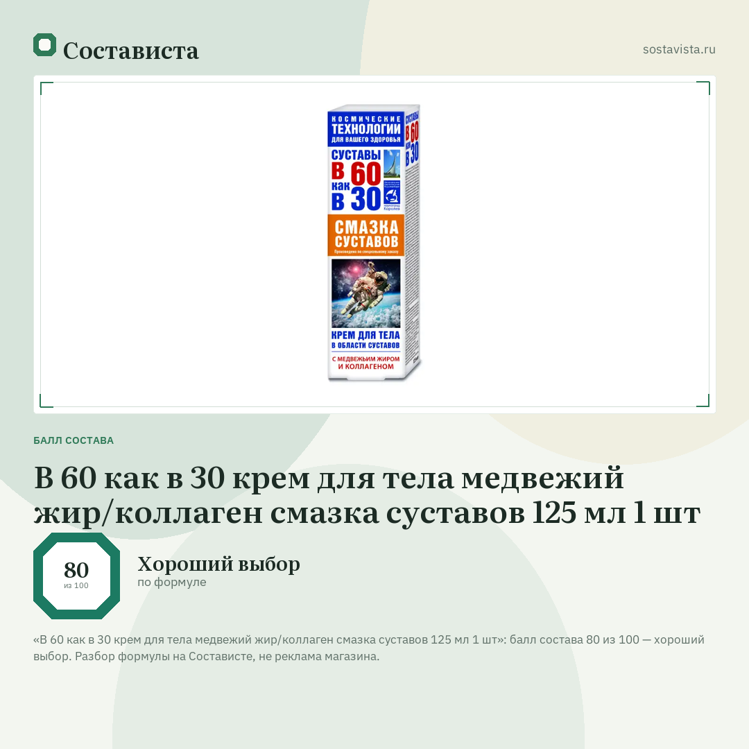 В 60 как в 30 крем для тела медвежий жир/коллаген смазка суставов 125 мл 1 шт: балл состава 80 из 100 — Состависта