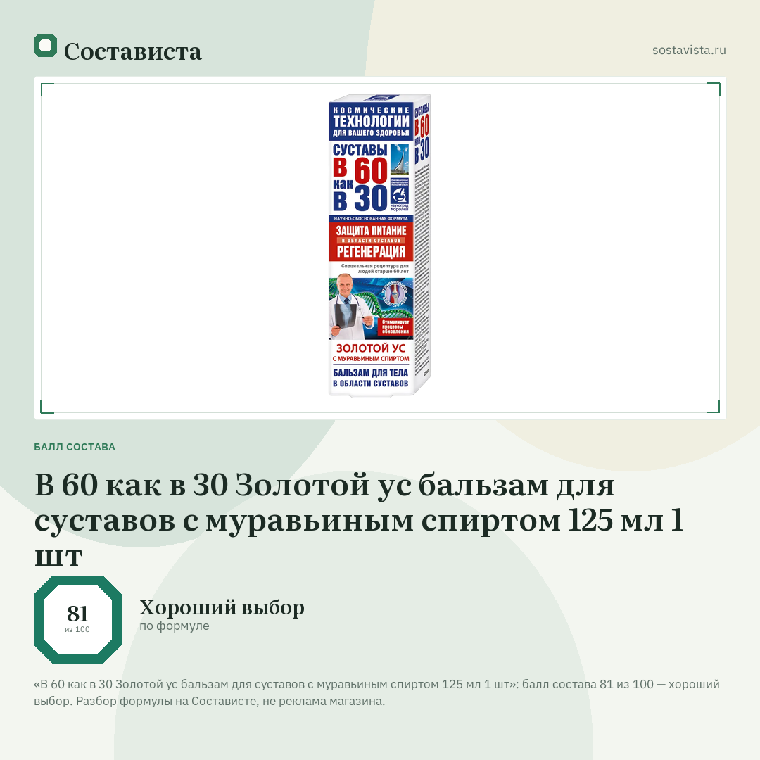 В 60 как в 30 Золотой ус бальзам для суставов с муравьиным спиртом 125 мл 1 шт: балл состава 81 из 100 — Состависта