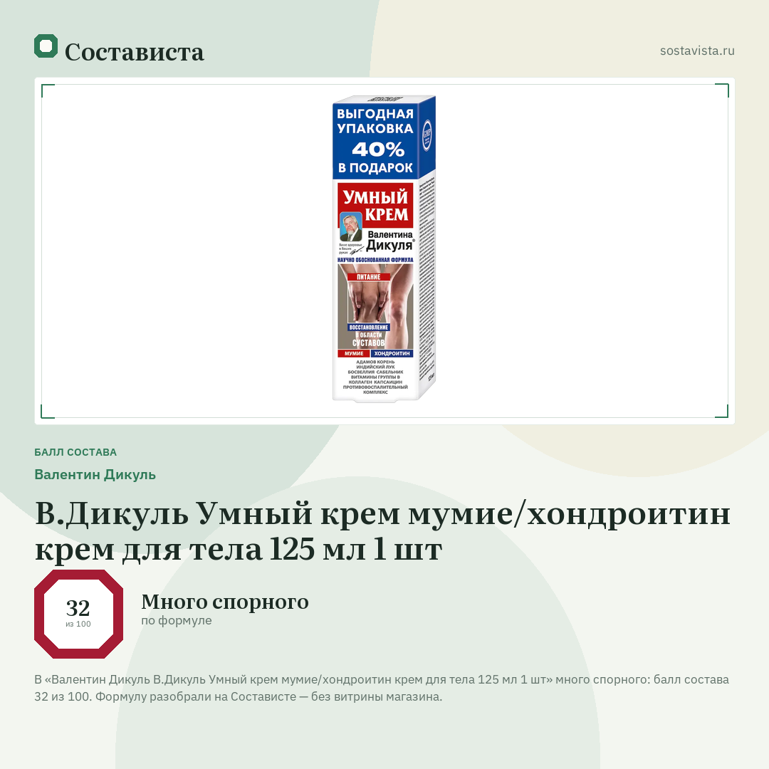 Валентин Дикуль В.Дикуль Умный крем мумие/хондроитин крем для тела 125 мл 1 шт: балл состава 32 из 100 — Состависта