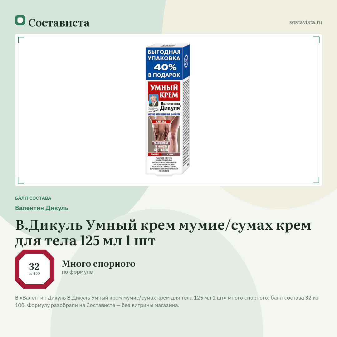 Валентин Дикуль В.Дикуль Умный крем мумие/сумах крем для тела 125 мл 1 шт: балл состава 32 из 100 — Состависта