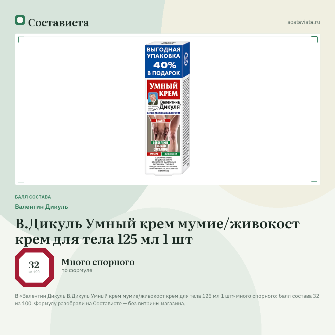 Валентин Дикуль В.Дикуль Умный крем мумие/живокост крем для тела 125 мл 1 шт: балл состава 32 из 100 — Состависта