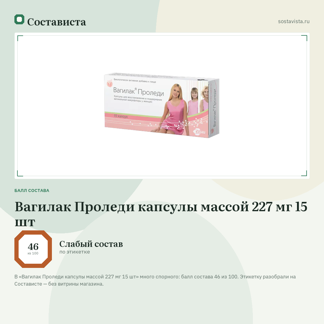 Вагилак Проледи капсулы массой 227 мг 15 шт: балл состава 46 из 100 — Состависта