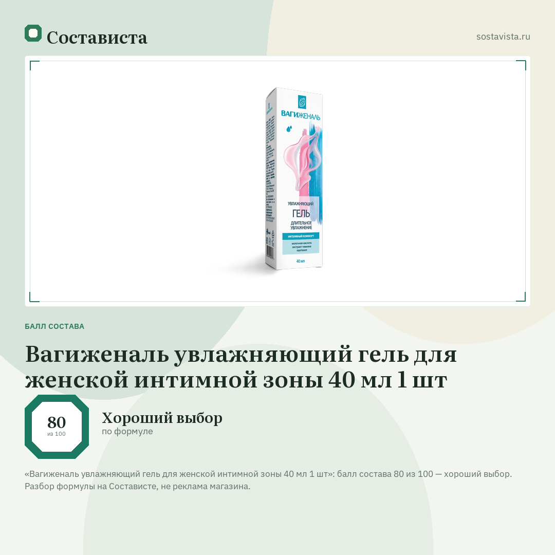 Вагиженаль увлажняющий гель для женской интимной зоны 40 мл 1 шт: балл состава 80 из 100 — Состависта