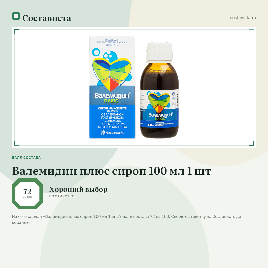Валемидин плюс сироп 100 мл 1 шт: балл состава 72 из 100 — Состависта